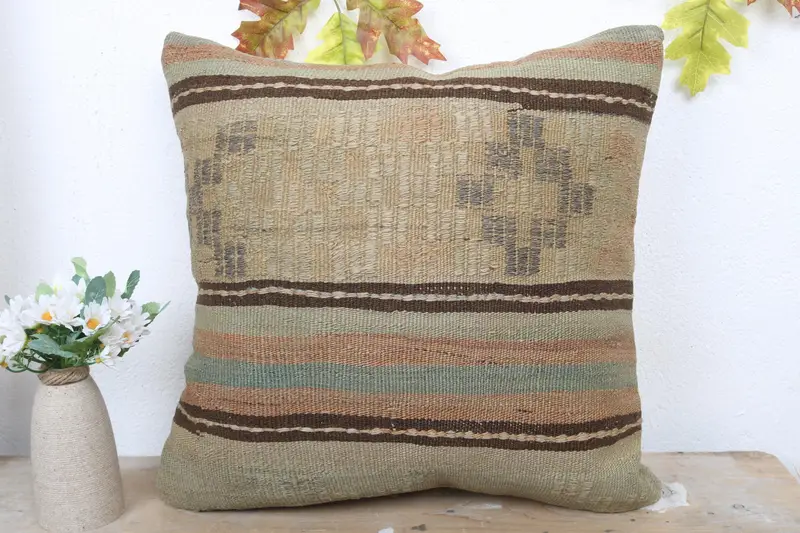 Kilim Pillow Cover, Cushion Case, Handmade Kilim Cushion, Bright Pillow Sham, Kilim Pillow, Natural Pillow Sham, 18x18 Green Cushion - 2