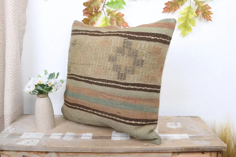 Kilim Pillow Cover, Cushion Case, Handmade Kilim Cushion, Bright Pillow Sham, Kilim Pillow, Natural Pillow Sham, 18x18 Green Cushion - 4