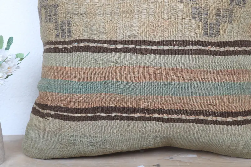 Kilim Pillow Cover, Cushion Case, Handmade Kilim Cushion, Bright Pillow Sham, Kilim Pillow, Natural Pillow Sham, 18x18 Green Cushion - 3