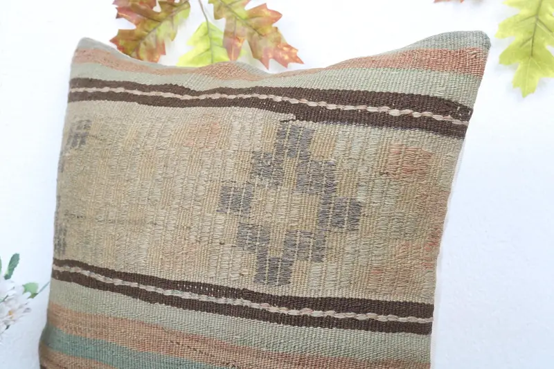 Kilim Pillow Cover, Cushion Case, Handmade Kilim Cushion, Bright Pillow Sham, Kilim Pillow, Natural Pillow Sham, 18x18 Green Cushion - 5