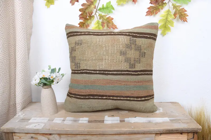 Kilim Pillow Cover, Cushion Case, Handmade Kilim Cushion, Bright Pillow Sham, Kilim Pillow, Natural Pillow Sham, 18x18 Green Cushion - 1