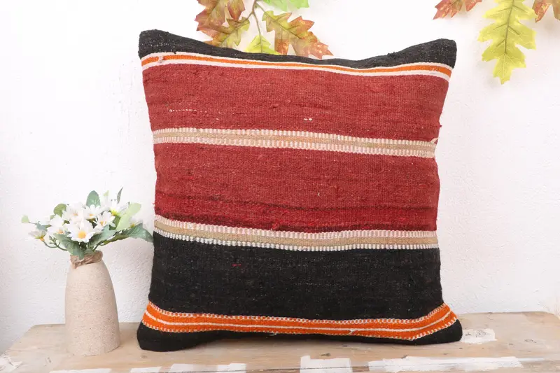 Vintage Kilim Pillow Cushion Cover, Ethnical Kilim Rug Pillow, Pillow Case, 18x18 Red Pillow Sham, Handmade Kilim Cushion, Kilim Pillow - 2