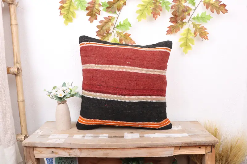 Vintage Kilim Pillow Cushion Cover, Ethnical Kilim Rug Pillow, Pillow Case, 18x18 Red Pillow Sham, Handmade Kilim Cushion, Kilim Pillow - 1