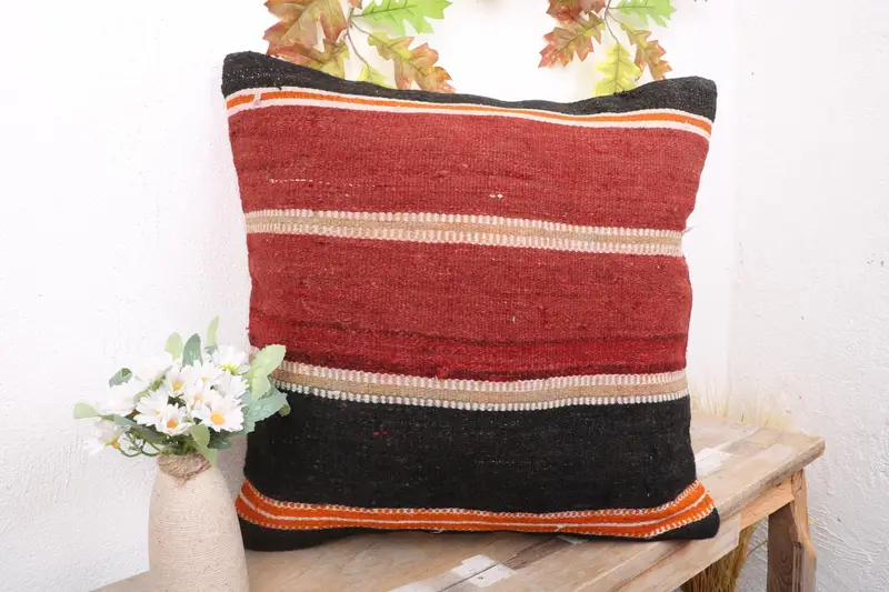 Vintage Kilim Pillow Cushion Cover, Ethnical Kilim Rug Pillow, Pillow Case, 18x18 Red Pillow Sham, Handmade Kilim Cushion, Kilim Pillow - 4