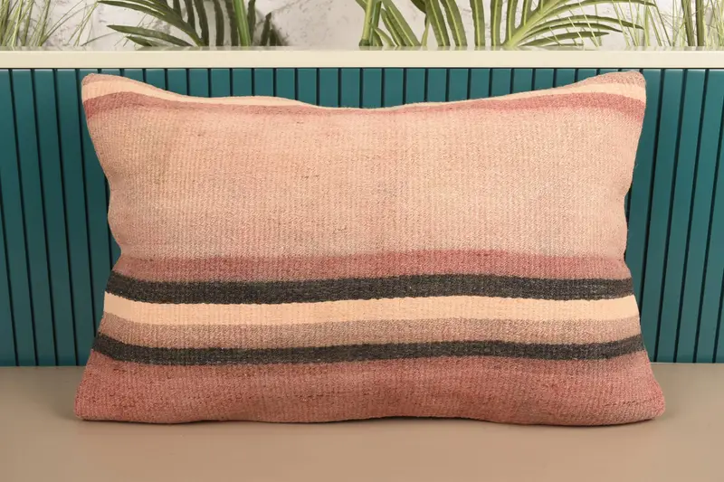 Striped Pink Vintage Euro Sham, Antique Woven 16x24 inch Cushion - 1