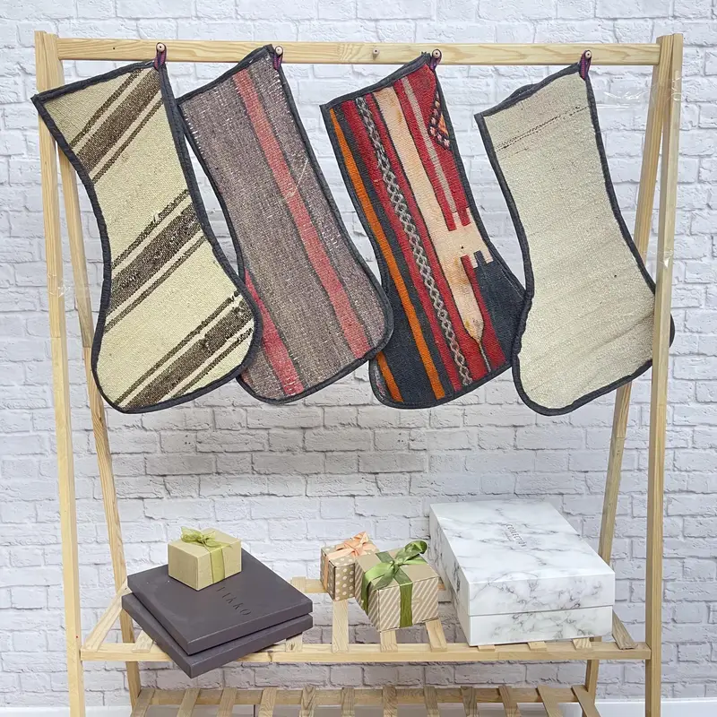 Beige & Brown Christmas Ornaments Stocking, 8-Inch Wide Cotton Holiday Decor