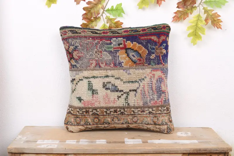 Blaues und beiges Patchwork-Wurfkissen, besticktes Vintage-Kissen