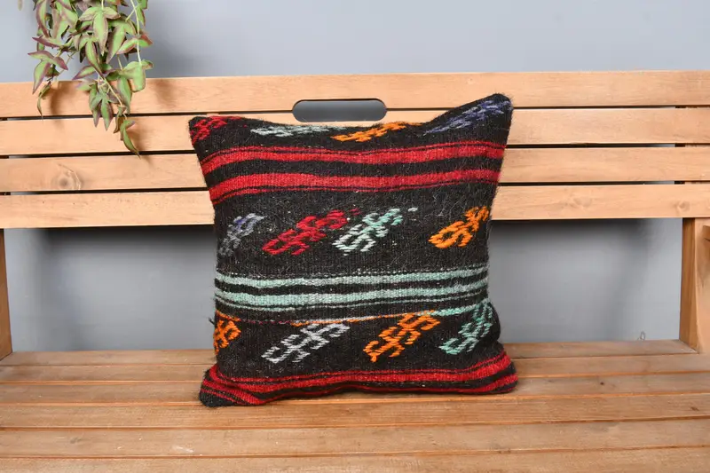Garden Pillow Sham, Vintage Kilim Pillow, 18x18 Brown Cushion Cover, Pillow, Pattern Throw Pillow Sham, Handmade Kilim Cushion, Kilim Pillow Cover - 6
