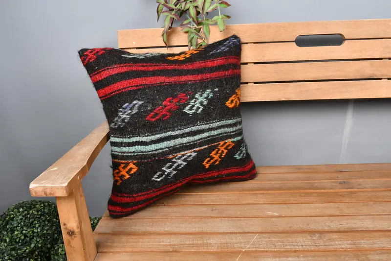 Garden Pillow Sham, Vintage Kilim Pillow, 18x18 Brown Cushion Cover, Pillow, Pattern Throw Pillow Sham, Handmade Kilim Cushion, Kilim Pillow Cover - 1
