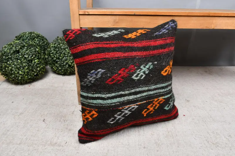 Garden Pillow Sham, Vintage Kilim Pillow, 18x18 Brown Cushion Cover, Pillow, Pattern Throw Pillow Sham, Handmade Kilim Cushion, Kilim Pillow Cover - 7
