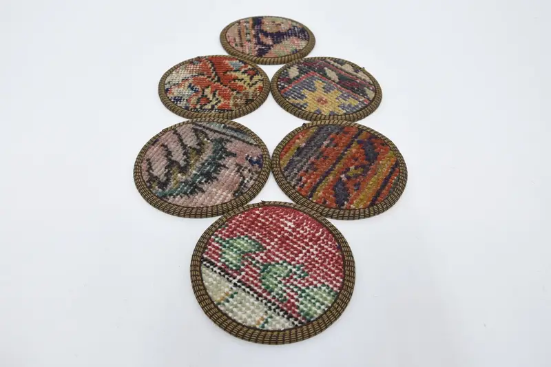 Blue and Brown Ethnic Rug Coasters, Set of Six Coasters