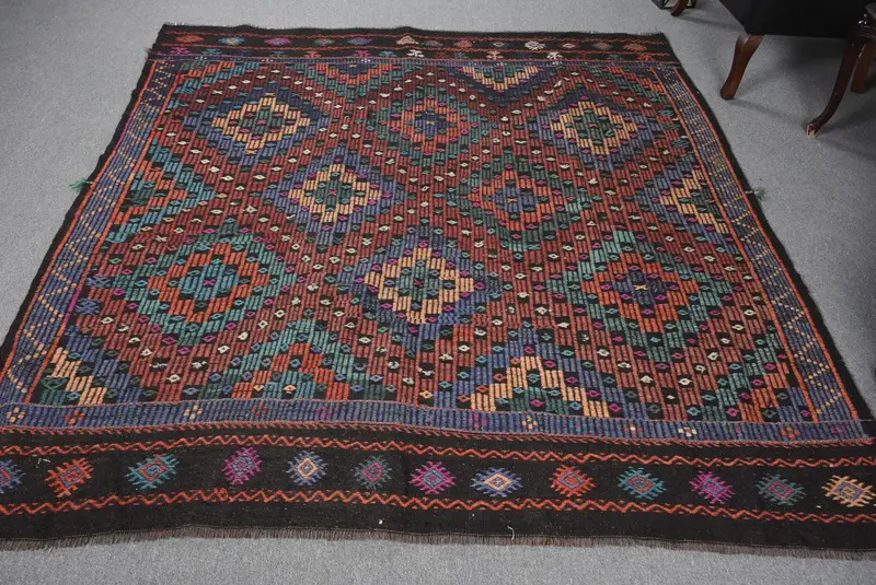Türk Vintage Halısı, Büyük 6.8x7 ft (207x213 cm) Halı, Mavi Çiçekli Yün Halı - 1