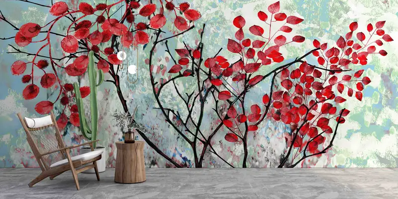 Bedruckte Tapete: Eleganter roter Baum in Winterlandschaft