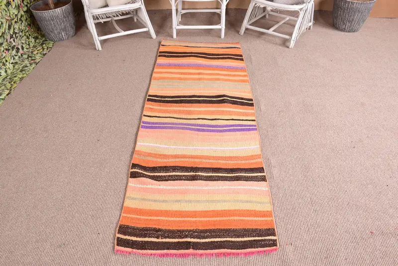 Vintage Türk Halısı 2.4x6.9 ft, Turuncu Kilim Bitkiler ve ağaçlar Halı - 1