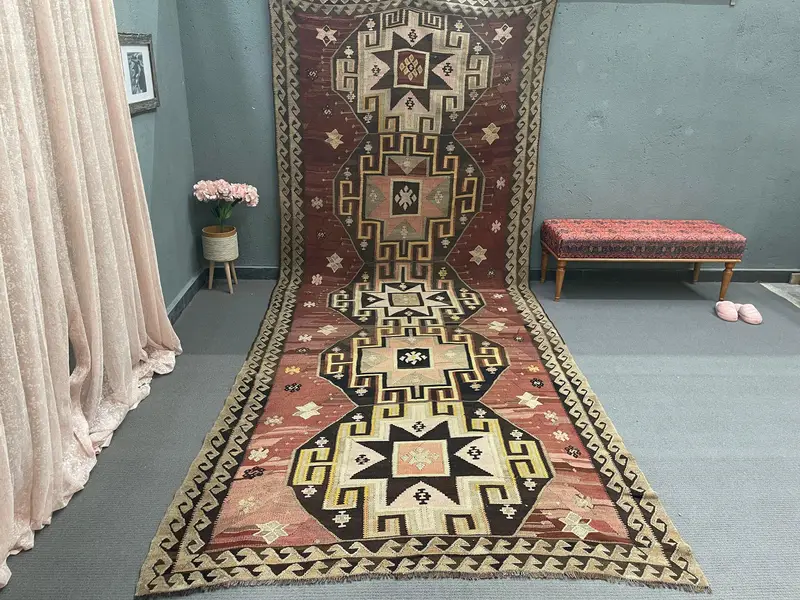 Alfombra vintage, alfombra turca Runner de 5,7x14,6 pies, alfombra del suroeste rojo marrón Kilim - 1