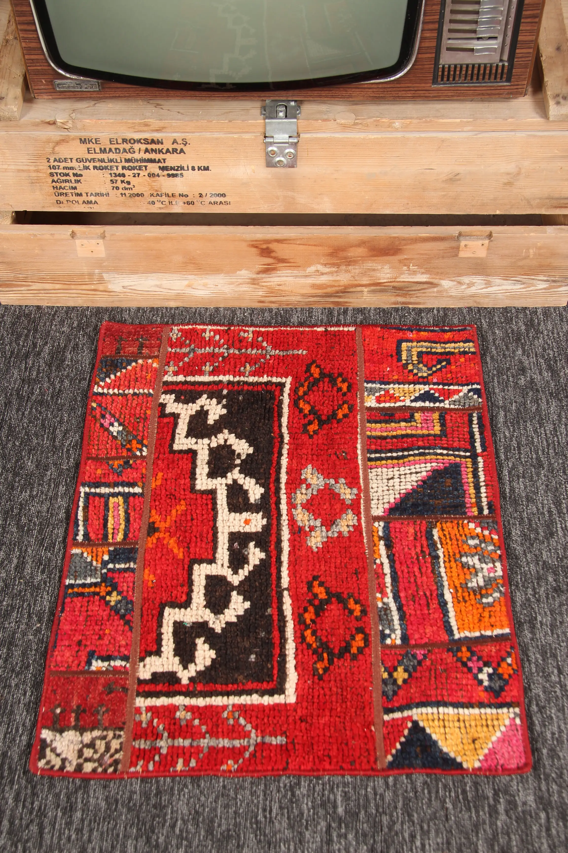 Vintage Turkish Rug 2x2.5 ft (62x77 cm), Patchwork Red Black Geometric Rug - 1