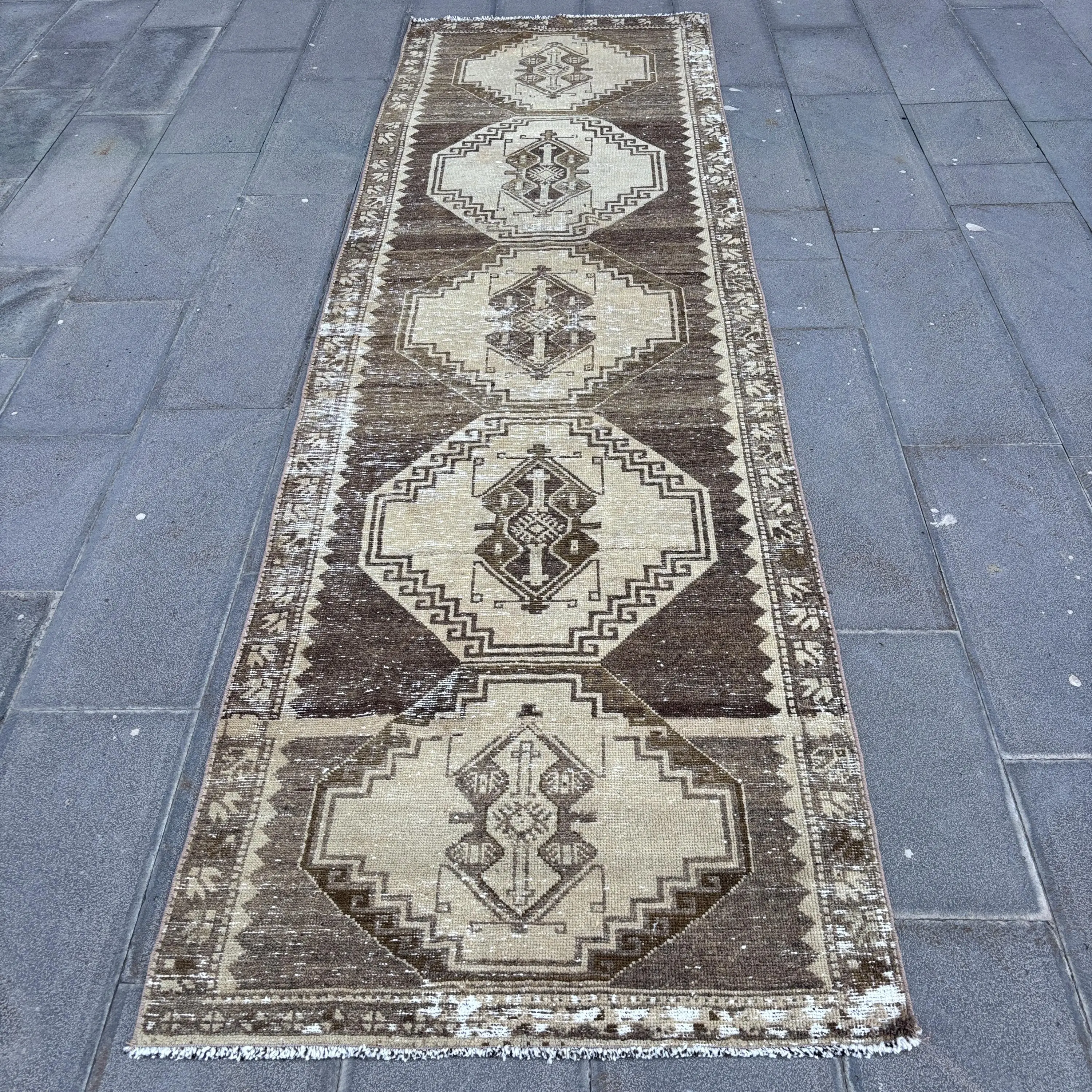 3.2x11 ft Turkish Vintage Rug, Runner Rug, Brown Wool Rug - 1