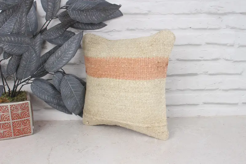 Boho Pillow, Ethnic Pillow Cover, Ethnical Kilim Rug Pillow, Vintage Kilim Throw Pillow, Bright Pillow Cover, Cushion, 12x12 Beige Pillow Case - 4