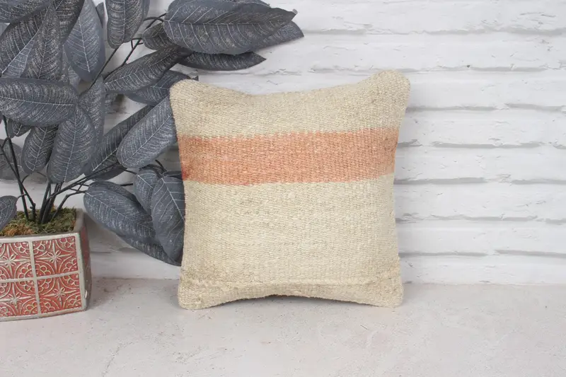 Boho Pillow, Ethnic Pillow Cover, Ethnical Kilim Rug Pillow, Vintage Kilim Throw Pillow, Bright Pillow Cover, Cushion, 12x12 Beige Pillow Case - 1