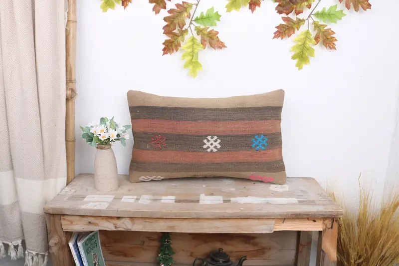 Pillow for Sofa, Turkish Rugs Pillow Sham, 12x20 Brown Pillow, Aesthetic Cushion Case, Cushion, Kilim Cushion Sham, Turkish Pillow - 1