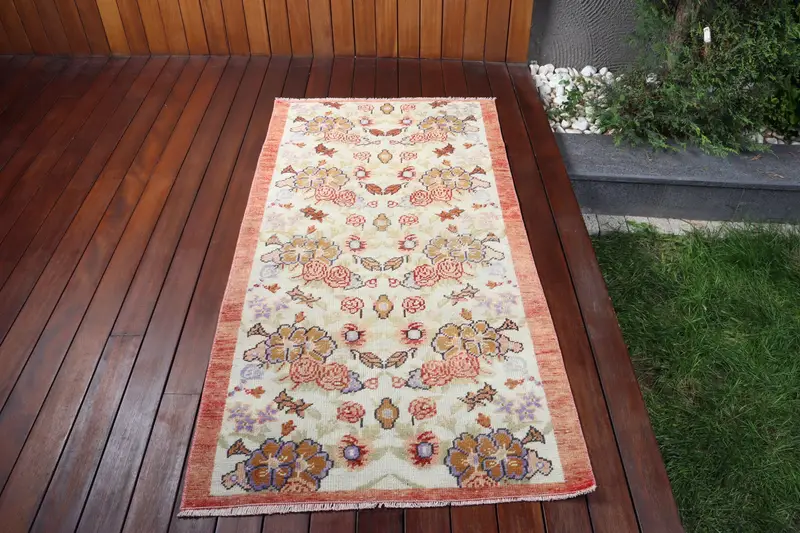 Oushak Halı, 2.8x5.5 ft Türk Halısı, Kırmızı Çiçekli Halı Yün - 1