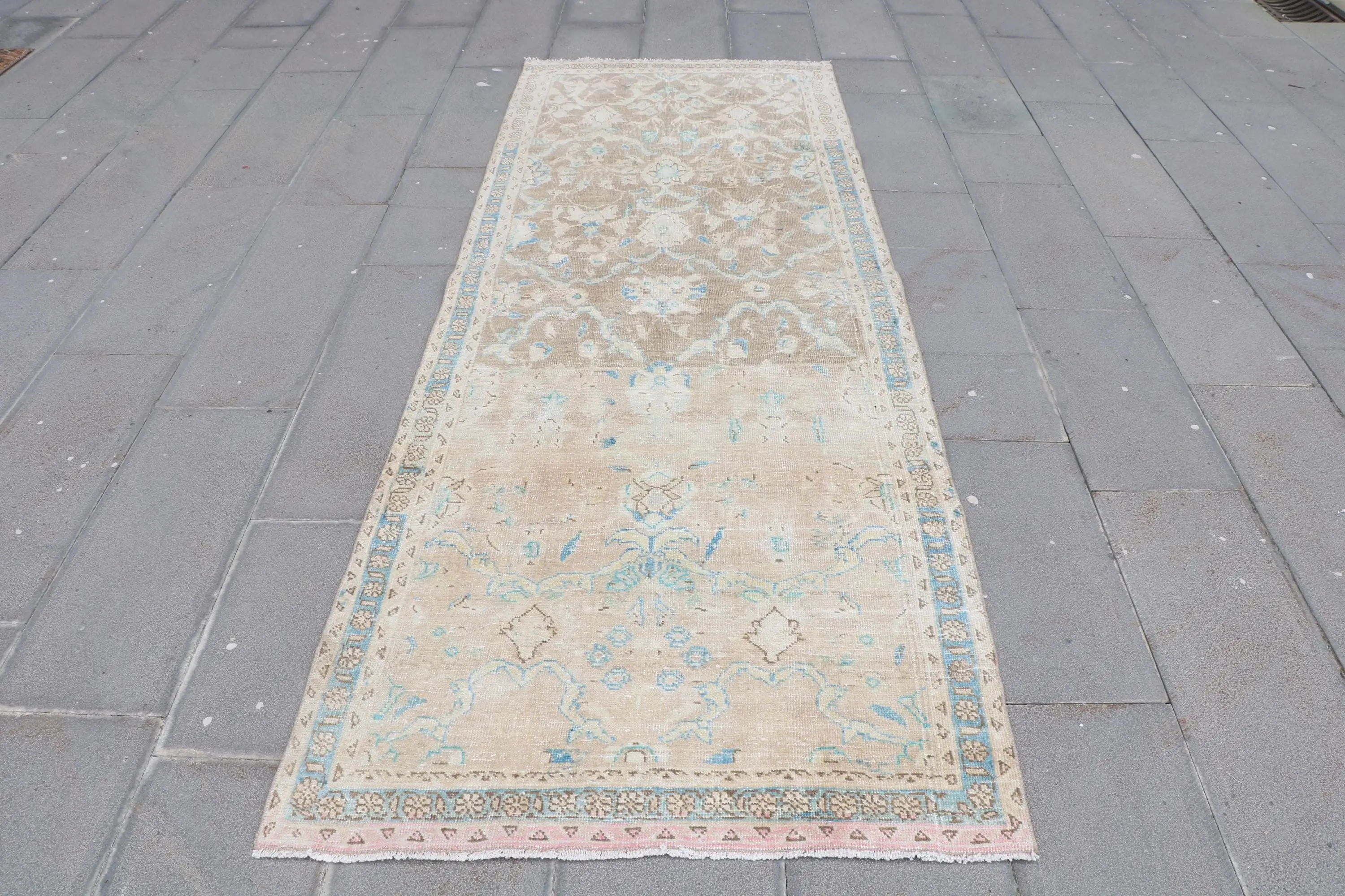 Turkish Vintage Rug, 3.4x9.2 ft Runner Rug, Blue White Animal Print Rug - 1