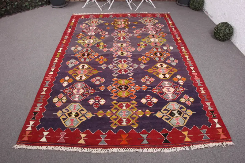 El Yapımı Mor Halı, 5,8x8,6 ft Çizgili, Geometrik Şekilli