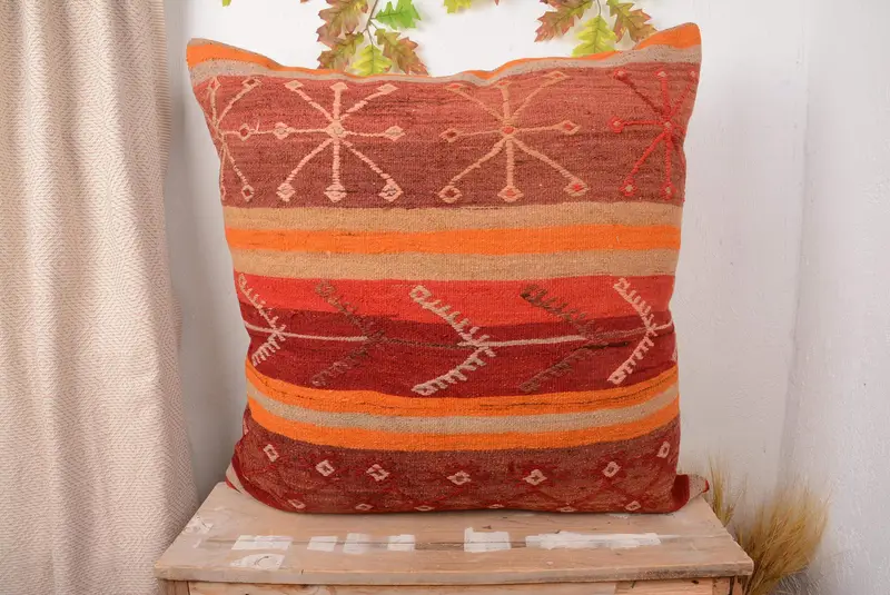 Red & Orange Striped Throw Pillow, Vintage Embroidered Cushion