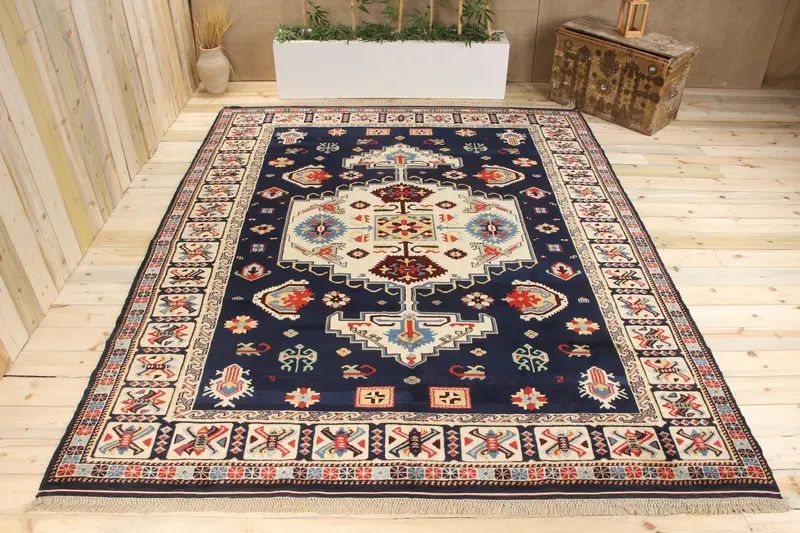 Handmade Blue & Beige Rug, 6.5x9.9 ft Polka Dot Design