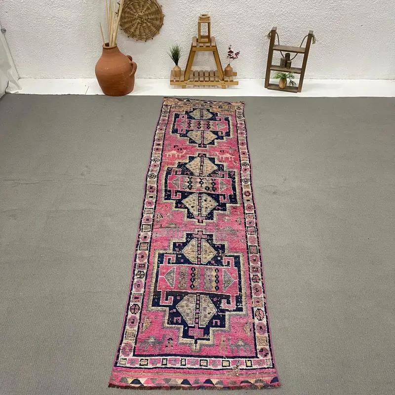 Turkish Rug, 2.8x10 ft Runner Rug, Red Blue Herki Wool Rug - 1