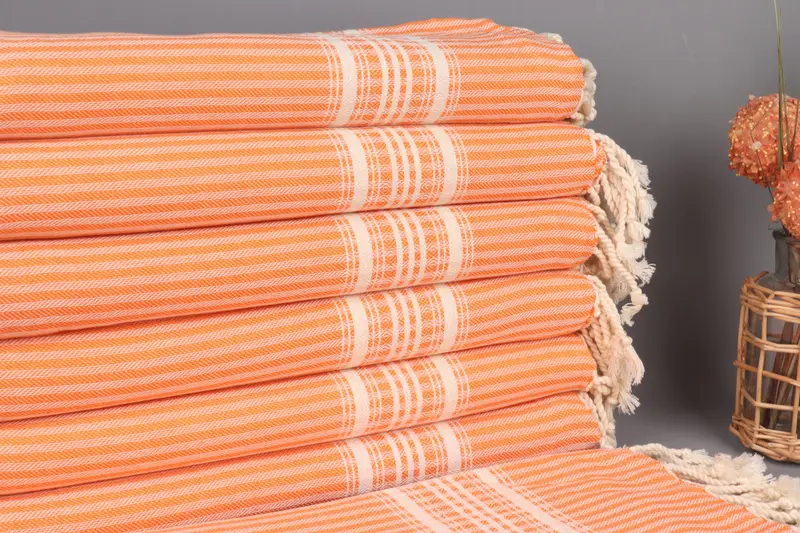 Monogrammed Beach Towel Embroidered Orange Beige Stripes, 38x67 Inches