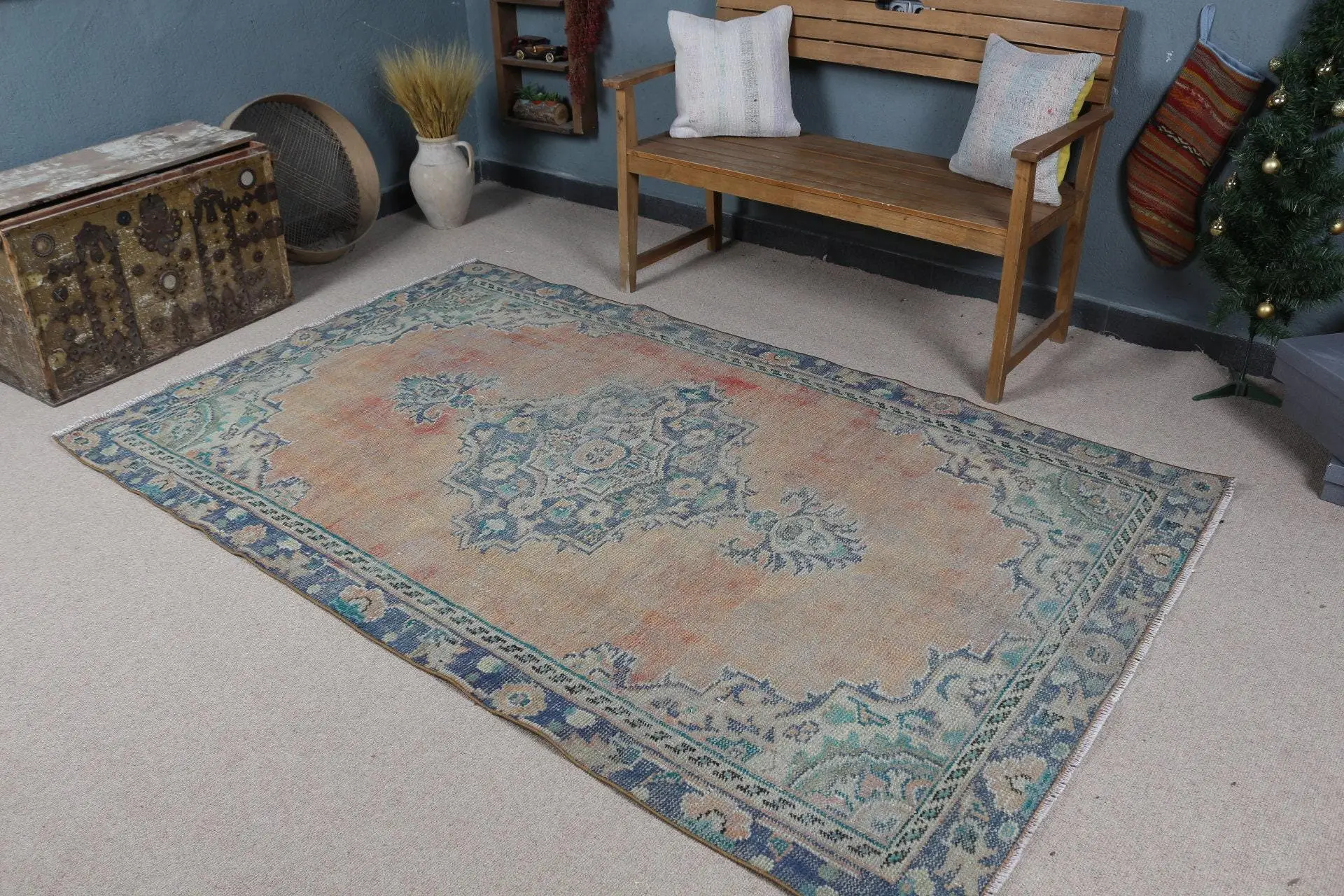 Türkischer 4,8x7,8 ft Teppich, Vintage-Teppich, Blau-Orange-Tarnteppich - 1
