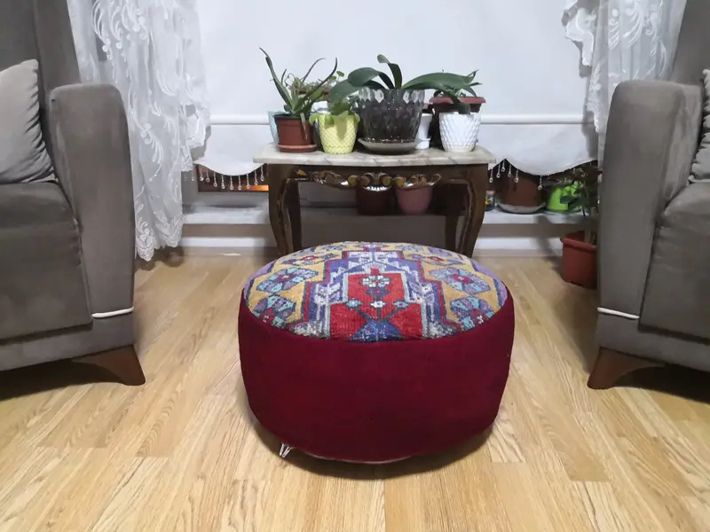 Handmade Kilim-Inspired Pouf, Red & Purple Wool Ottoman Pouf