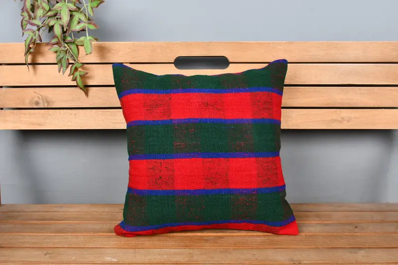 Handmade Rug Seat Pillow Cover, Turkish Corner Cushion Case, Boho Pillow, Pillow, Vintage Pillow, Kilim Cushion Sham, 18x18 Green Pillow - 6