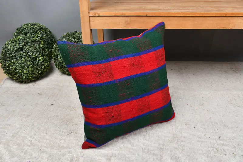Handmade Rug Seat Pillow Cover, Turkish Corner Cushion Case, Boho Pillow, Pillow, Vintage Pillow, Kilim Cushion Sham, 18x18 Green Pillow - 7