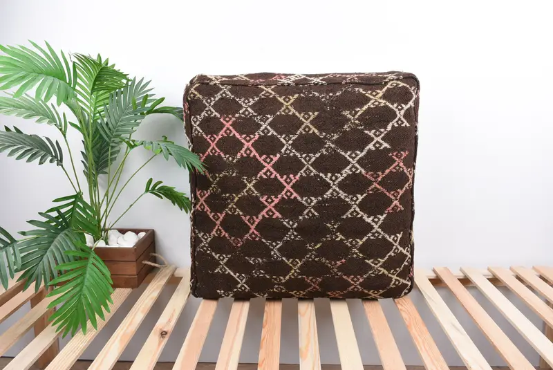 Rectangular Kilim Pouf, Brown & Beige Wool Ottoman Pouf