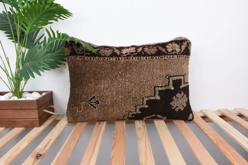 Turkish Rugs Cushion Case, Pillow, 16x24 Brown Cushion Case, Turkish Pillow, Antique Pillows, Handmade Kilim Cushion, Boho Throw Pillow - 1