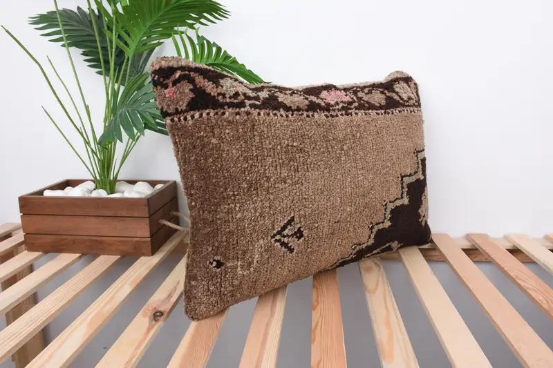 Turkish Rugs Cushion Case, Pillow, 16x24 Brown Cushion Case, Turkish Pillow, Antique Pillows, Handmade Kilim Cushion, Boho Throw Pillow - 4