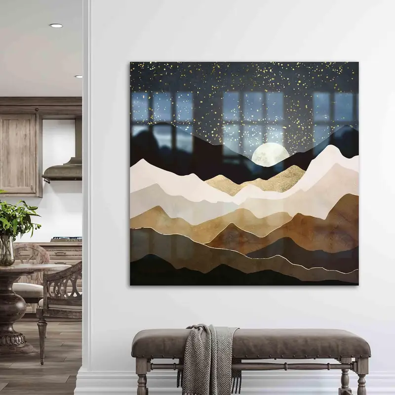 Elegant Printed Glass: Golden Sunshine & Mountain Landscape