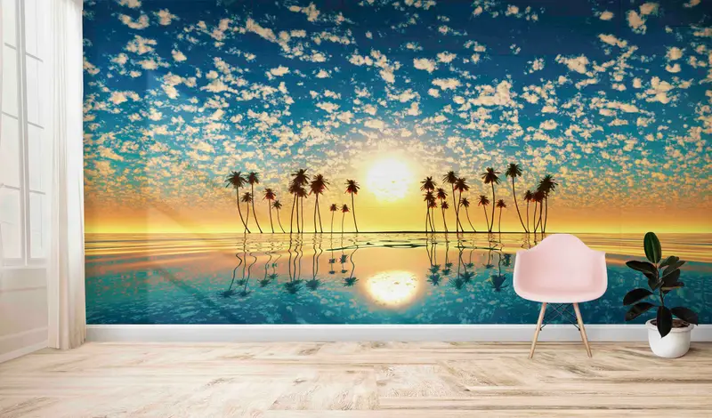 Zarif Kıyı Tropikal Gündoğumu Duvar Kağıdı - Baskılı Plaj Ambiyansı