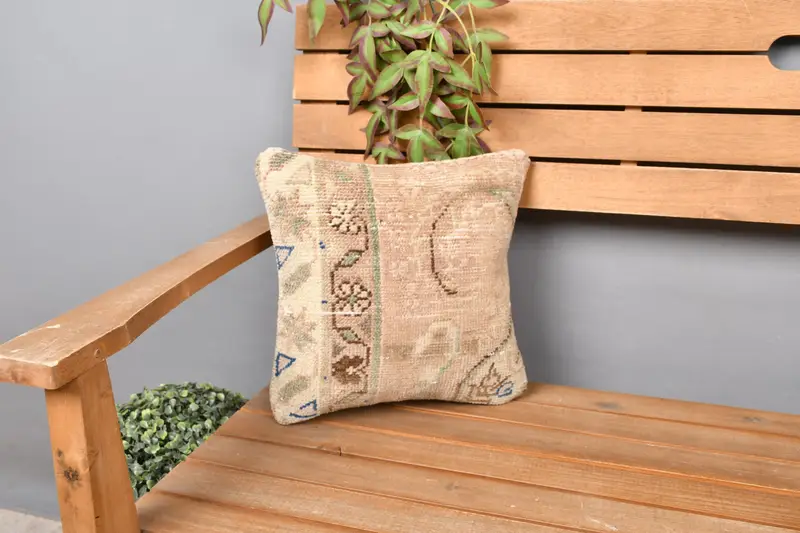 Neutral Throw Pillow Sham, Outdoor Patio Cushion Cover, Turkish Kilim Pillow, Boho Pillow, Cushion Case, 12x12 Beige Pillow, Handmade Kilim Cushion - 1
