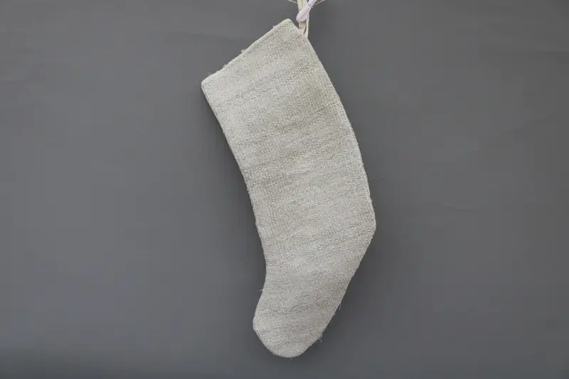 Beige Christmas Stocking with White Ornaments, Festive Holiday Stocking