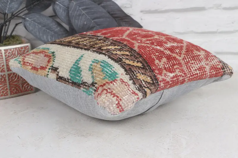 Kilim Pillow, Ethnical Kilim Rug Pillow, 12x12 Red Pillow Case, Cushion, Handmade Throw Pillow, Vintage Throw Pillow Cover, Turkish Kilim Pillow - 6
