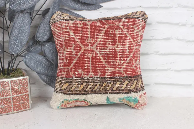 Kilim Pillow, Ethnical Kilim Rug Pillow, 12x12 Red Pillow Case, Cushion, Handmade Throw Pillow, Vintage Throw Pillow Cover, Turkish Kilim Pillow - 1