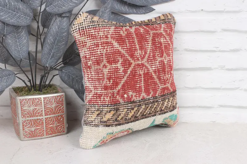 Kilim Pillow, Ethnical Kilim Rug Pillow, 12x12 Red Pillow Case, Cushion, Handmade Throw Pillow, Vintage Throw Pillow Cover, Turkish Kilim Pillow - 4