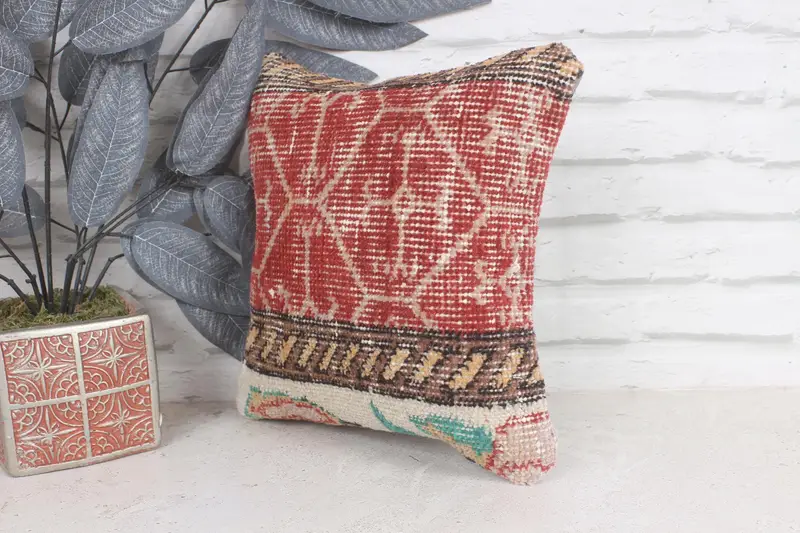 Kilim Pillow, Ethnical Kilim Rug Pillow, 12x12 Red Pillow Case, Cushion, Handmade Throw Pillow, Vintage Throw Pillow Cover, Turkish Kilim Pillow - 3