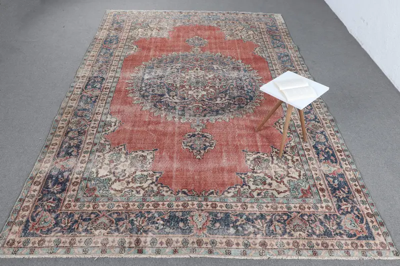 Handmade Red & Blue Rug, 6,2x11,3 ft Bordered Design