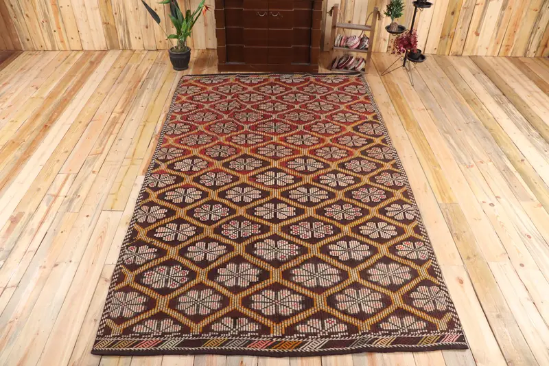 Großer Vintage-Kelim-Teppich, 176 x 298 cm, türkischer brauner abstrakter Wollteppich - 1