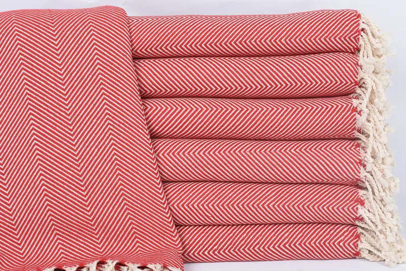 Red Herringbone Bath Towel Monogrammed Turkish Cotton, 70x40 Inches