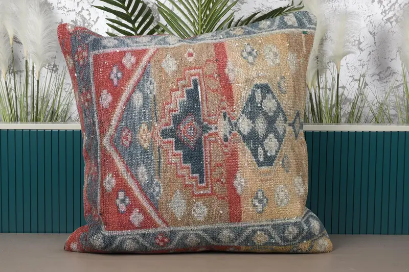 Bed Geometric Vintage Cushion, Beige Antique 32x32 inch Pillow - 1